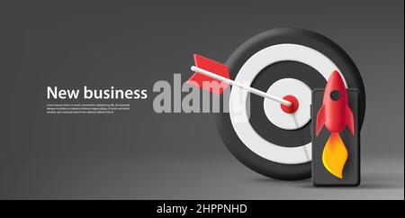 Banner with 3d render illustration of a target board with arrow in the center and smartphone with rocket flying up. New businees composition concept Stock Vector