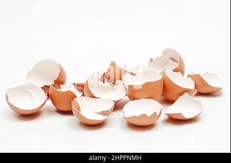 Broken eggshell collection on white background. Stock Photo