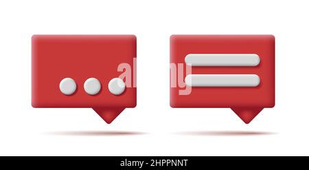 set of message icon, red 3d soft render shapes with pointer and three dots as typing or lines as text compsition Stock Vector