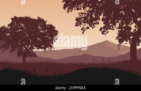 View of the mountains with magnificent silhouettes of big trees from the edge of the forest at dusk. Vector illustration Stock Vector