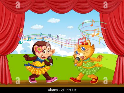 Cat and monkey performing singing on stage illustration Stock Vector