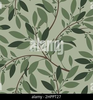 Vector floral seamless pattern. Twigs with green leaves and buds.  Stock Vector