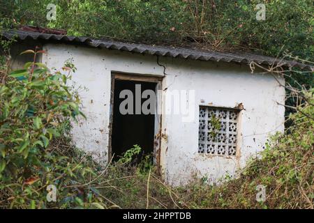 The exterior of a small abandoned house without doors surrounded by nature Stock Photo