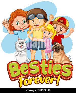 Besties Forever typography logo with children cartoon characters illustration Stock Vector