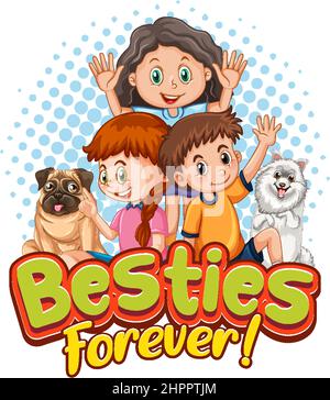 Besties Forever with cute children in cartoon style illustration Stock Vector