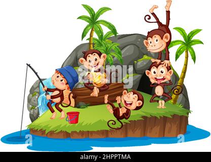 Isolated island with many monkeys cartoon illustration Stock Vector ...