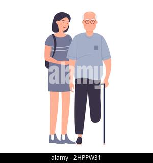 Girl supporting senior man with amputated leg. Sympathy and helping disabled people cartoon vector illustration Stock Vector