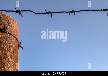 Rusty metal pole wrapped in barbed wire against blue sky. Close-up. Selective focus. Copy space. Stock Photo