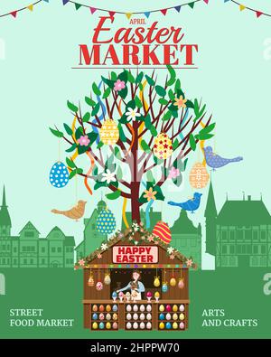 Easter Market poster, Holiday City Spring Fair. Easter Tree wooden stall decorated flowers, colored Easter eggs, bunny, baking. Europe architecture Stock Vector
