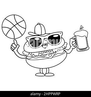 A hamburger character holding a glass of beer and playing with a basket ball. Black and white coloring page Stock Photo