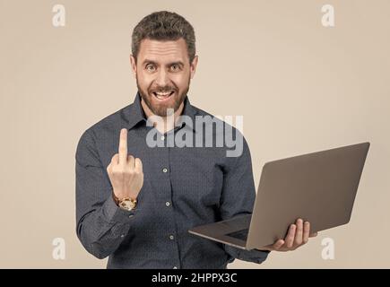 mature businessman show middle finger gesture. business success ...