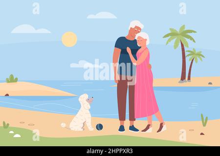 Senior couple with their dog playing on beach. Outdoor family time spending together, active elderly people flat vector illustration Stock Vector
