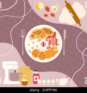Sweet food, morning breakfast restaurant or cafe menu. Cereal croissants and waffles with jam or chocolate, eggs on round plate for eating, ingredients and chefs tools flat vector illustration Stock Vector