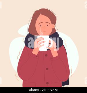 Sick woman with hot drink having cold shiver. Trembling and freezing feeling flat cartoon vector illustration Stock Vector