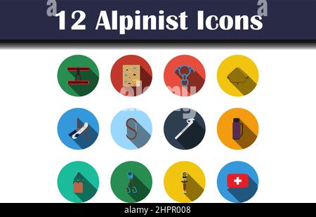 Alpinist Icon Set. Flat Design With Long Shadow. Vector illustration. Stock Vector