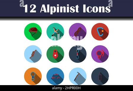 Alpinist Icon Set. Flat Design With Long Shadow. Vector illustration. Stock Vector