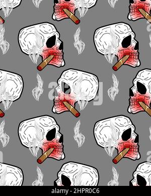 Skull with cigar pattern seamless. Skeleton head smoking cigarette background Stock Vector