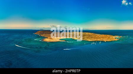 Beautiful panoramic aerial view of the island of Lobos near Corralejo in Fuerteventura Stock Photo