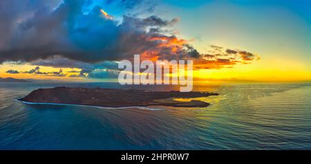 Dramatic sunrise over Lobos island near Corralejo Fuerteventura Stock Photo