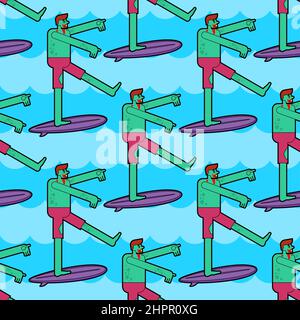 Zombie surfer pattern seamless. Dead man on surfboard background. Vector texture Stock Vector