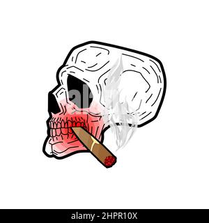 Skull with cigar. Skeleton head smoking cigarette pop art Stock Vector