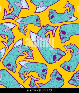fish skeleton pattern seamless. Terrible variety of fish background. Fish skull texture Stock Vector