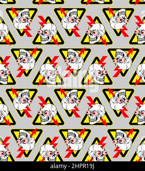 Danger! Keep out pattern seamless. Danger sign Skull and lightning background. Security symbol texture. Stock Vector
