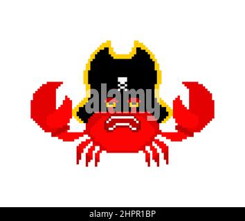 Crab Pirate pixel art. sea cancer filibuster 8 bit. pixelated Vector illustration Stock Vector