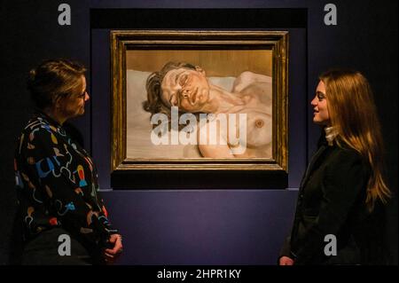 London, UK. 23rd Feb, 2022. Lucian Freud, Girl with Closed Eyes, Painted in 1986-1987, Estimate: GBP 10,000,000-GBP 15,000,000 - Preview of highlights of Christies 20th/21st Century and Art of the Surreal Evening Sales which take place on 1 March 2022. Credit: Guy Bell/Alamy Live News Stock Photo
