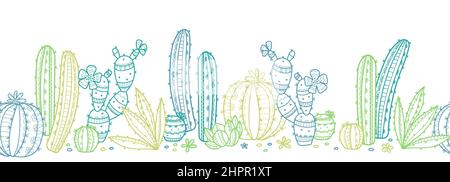 Cute hand drawn cactus seamless pattern, line art background, vibrant colors, great for banners, wallpapers, textiles, wrapping - vector design Stock Vector