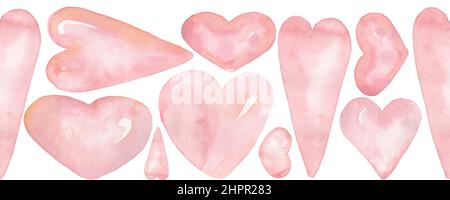 Heart Border Clipart, Watercolor Pastel hearts seamless border illustration, Pink Delicate coral heart print, love decor,  valentines day, baby shower Stock Photo