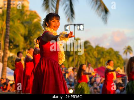 Scenic impressions from renowned Waikiki beach in Honolulu, Oahu HI Stock Photo