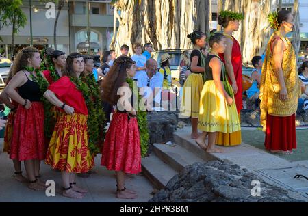 Scenic impressions from renowned Waikiki beach in Honolulu, Oahu HI Stock Photo