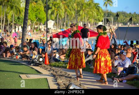 Scenic impressions from renowned Waikiki beach in Honolulu, Oahu HI Stock Photo