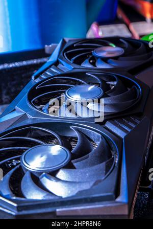 Powerful modern computer graphic card for crypto currency mining and computer game Stock Photo