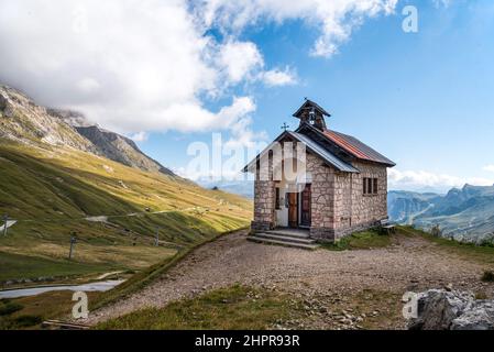 September 2021, Pordoi Pass Church, Dolomite Pass, Sella Group. Stock Photo