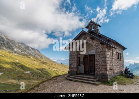 September 2021, Pordoi Pass Church, Dolomite Pass, Sella Group. Stock Photo