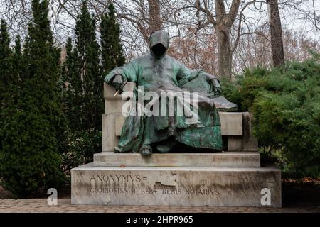 Statue of Anonymous in park near Vajdahunyad castle in Budapest, Hungary Stock Photo