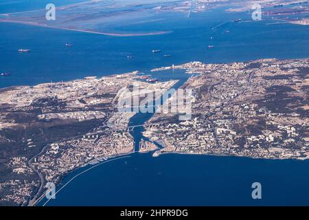 aerial near Marseille of industrial and touristic area on a sunny day Stock Photo