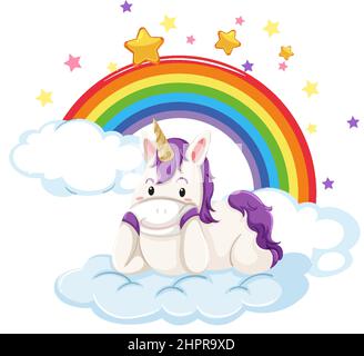 Little unicorn lying on a cloud with rainbow illustration Stock Vector