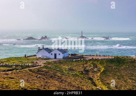 The First house and Last House, Lands End, Cornwall, during a winter gale photographed from the public coastal foot path Stock Photo