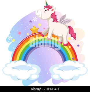 Pink pegasus standing on rainbow in cartoon style illustration Stock Vector