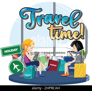 Travel Time typography design with passengers waiting for boarding illustration Stock Vector