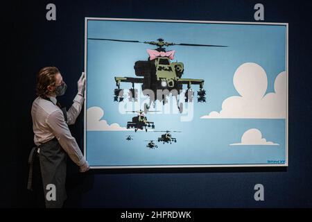LONDON, UK. 23rd Feb, 2022. BANKSY, Happy Choppers. Estimate. GBP 3,000,000 - GBP 5,000,000. A sale featuring masterworks by modern and contemporary icons. The sale takes place at Christie's auction house on 1 March 2022. Credit: amer ghazzal/Alamy Live News Stock Photo