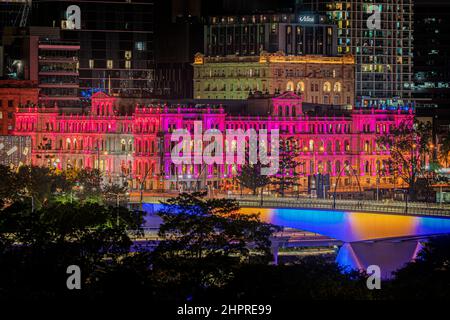 Brisbane Treasury Casino with coloured lights at night. Brisbane, Queensland, Australia Stock Photo