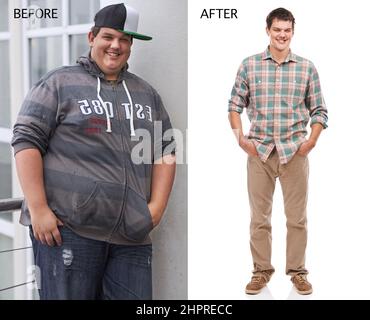 Kicking diabetes to the curb. Before and after shot of a young mans weight loss. Stock Photo
