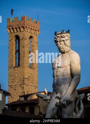 Italy, Florence, The Fountain of Neptune at Piazza della Signoria in front of the Palazzo Vecchio Stock Photo