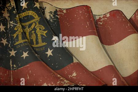 Background illustration of an old paper with a print of a waving Flag of the State of Georgia Stock Photo