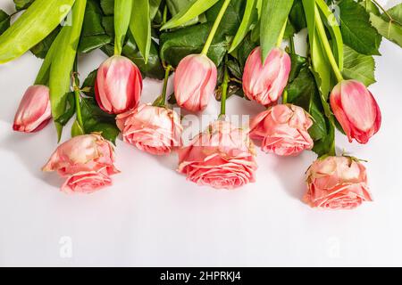 Bouquet of fresh delicate roses and tulips isolated on white background ...