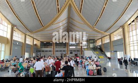 (220223) -- VIENTIANE, Feb. 23, 2022 (Xinhua) -- Photo taken on Feb. 13, 2022, shows the waiting hall of the Luang Prabang Station along the China-Laos Railway in Luang Prabang, Laos. The Laos-China Railway Company (LCRC) has announced it will operate slower-speed trains in addition to the two existing high-speed EMU (electric multiple unit) trains to meet the growing needs of passengers.   The LCRC has been running two pairs of EMU trains every day, one pair between Vientiane and Boten bordering China, and another between Vientiane and the ancient capital of Luang Prabang. (Photo by Li Huan/X Stock Photo